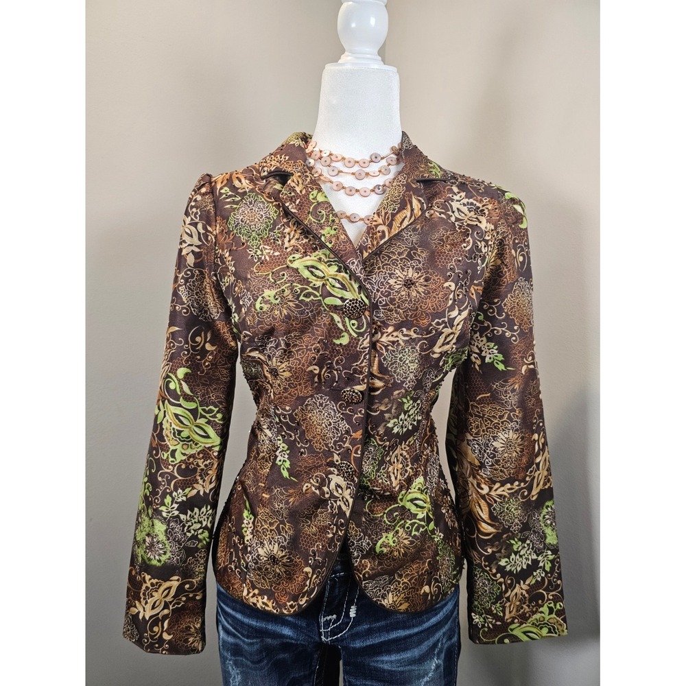 Victor Costa Beaded Blazer Floral Paisley Brown Green Evening Jacket Size 8